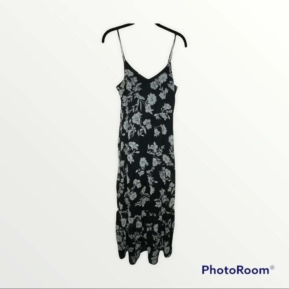 J Crew Black Sheer Floral Maxi Dress Tiered Spaghetti Strap Size 2
